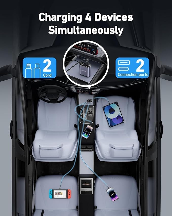 120W Fast Car Charger – 4-in-1 Retractable Charging Station