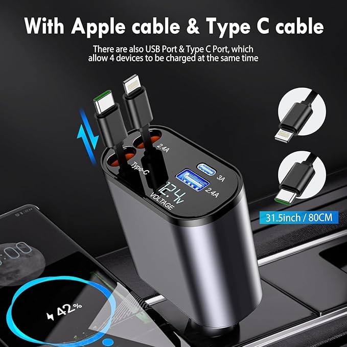 120W Fast Car Charger – 4-in-1 Retractable Charging Station